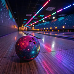 vibrant cosmic bowling ball on illuminated alley