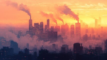 Smog-choked skyline at sunset, vibrant colors muted by air pollution, [air quality issues], [urban environment]. 