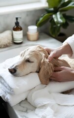 Fototapeta na wymiar A person giving their pet a relaxing spa treatment on Love Your Pet Day, with pet friendly bath products, fluffy towels, and a calm, pampering atmosphere
