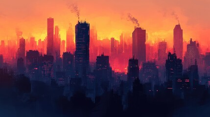 Fototapeta premium Smog-choked skyline at sunset, vibrant colors muted by air pollution, [air quality issues], [urban environment]. 