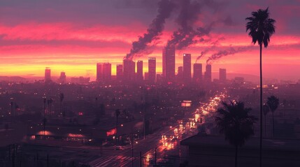 Naklejka premium Smog-choked skyline at sunset, vibrant colors muted by air pollution, [air quality issues], [urban environment]. 