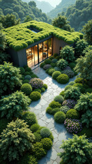 Fototapeta premium A modern sustainable home with a green roof set amidst lush greenery, signifying eco-friendly architecture and landscape design.