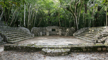 Ancient Mayan Ruins in Lush Jungle Setting with Stone Structures and Steps Surrounded by Dense Greenery and Trees
