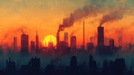 Smog-choked skyline at sunset, vibrant colors muted by air pollution, [air quality issues], [urban environment]. 