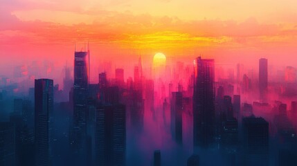 Fototapeta premium Smog-choked skyline at sunset, vibrant colors muted by air pollution, [air quality issues], [urban environment]. 