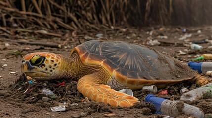 Sea Turtle Suffocated by Plastic Pollution on Beach