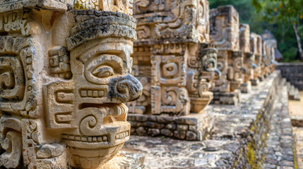 Ancient Mayan Ruins with Intricate Stone Carvings in Copan, Honduras Capturing Historical Architecture and Cultural Heritage