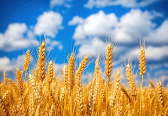 Fototapeta premium Close up of a wheat field with a blue sky background