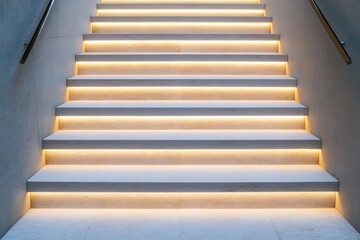 Luxury hotel interiors with exclusive lighting. Illuminated staircase with modern design and soft lighting.