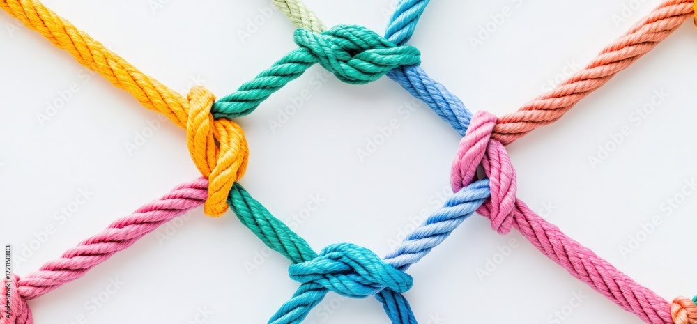 Poster close up of a colorful rope net with knots on white background