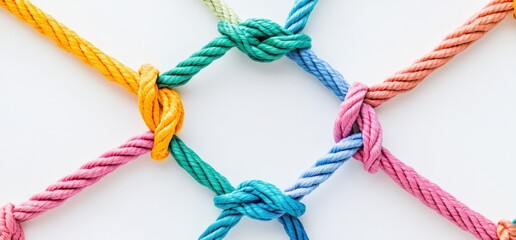 Close up of a colorful rope net with knots on white background