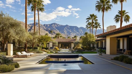 Obraz premium Desert Resort Courtyard With Mountain View