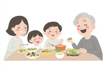 A family is happily preparing delicious food together in a kitchen