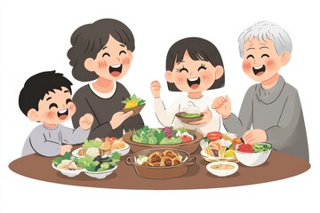 A family is happily preparing delicious food together in a kitchen