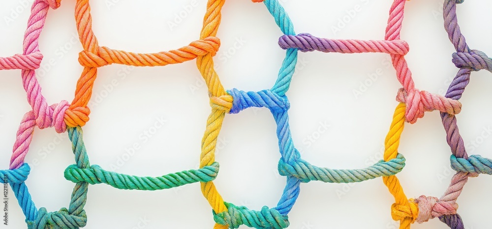 Poster close up of a colorful rope net with knots on white background