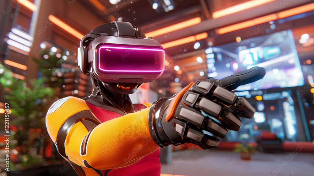 Poster futuristic robot in virtual reality headset gestures in a high tech environment