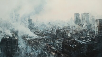 Smoggy cityscapes, traffic pollution, industrial areas. 