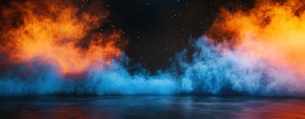Fototapeta premium Abstract Night Scene with Blue and Orange Smoke, Cosmic Backdrop