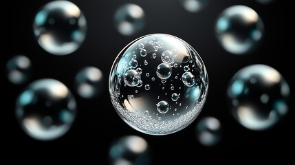 Crystal-clear water bubbles floating against dark backdrop with reflections