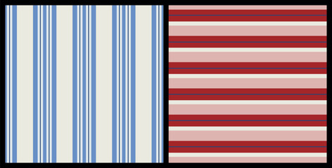Maritime set of striped seamless repeat pattern in red and blue. Bundle of vertical and horizontal nautical lines aop, all over surface prints.