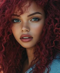 Fototapeta premium Beautiful young woman with curly red hair and blue eyes