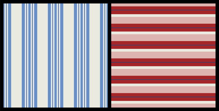 Maritime set of striped seamless repeat pattern in red and blue. Bundle of vertical and horizontal nautical lines aop, all over surface prints.