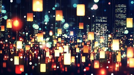 Obraz premium Night city lights, glowing lanterns, urban bokeh, festive celebration, stock photo