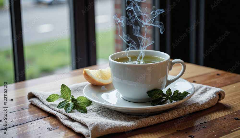 Poster a white cup of tea with a lemon slice in it sits on a wooden table. the table is also topped with a 