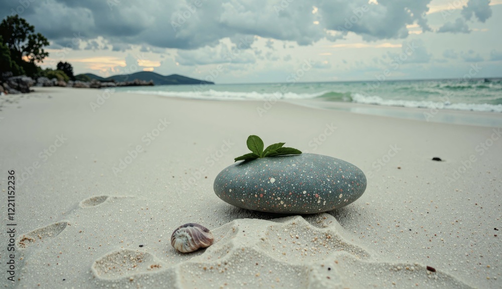 Poster a large rock sits on a beach next to a small shell and a leaf. the scene is peaceful and serene, wit