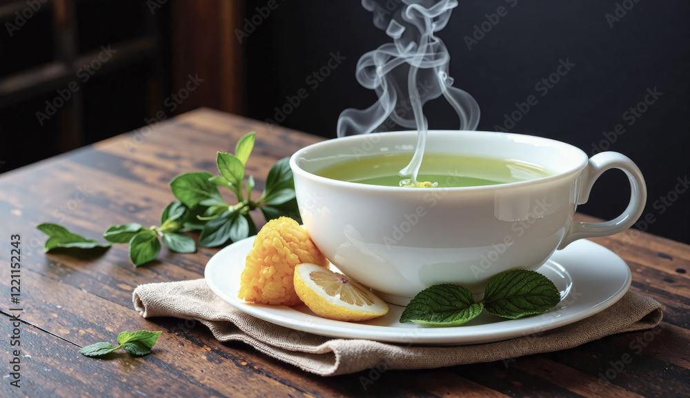 Poster a white cup of tea with a lemon slice in it sits on a wooden table. the table is also topped with a 