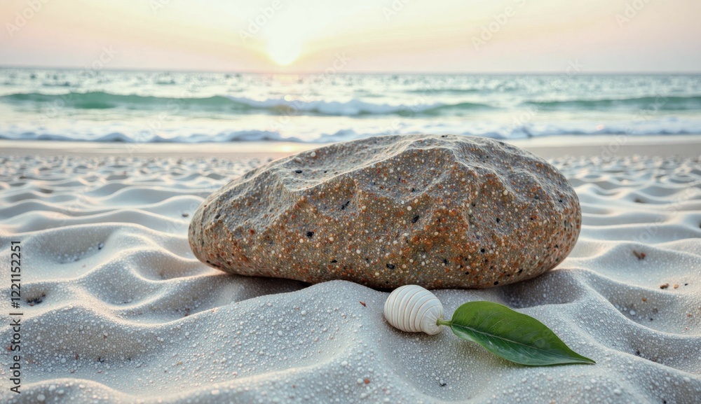 Poster a large rock sits on a beach next to a small shell and a leaf. the scene is peaceful and serene, wit