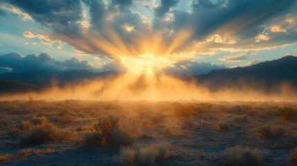 A dramatic landscape featuring dark storm clouds above a vast,
