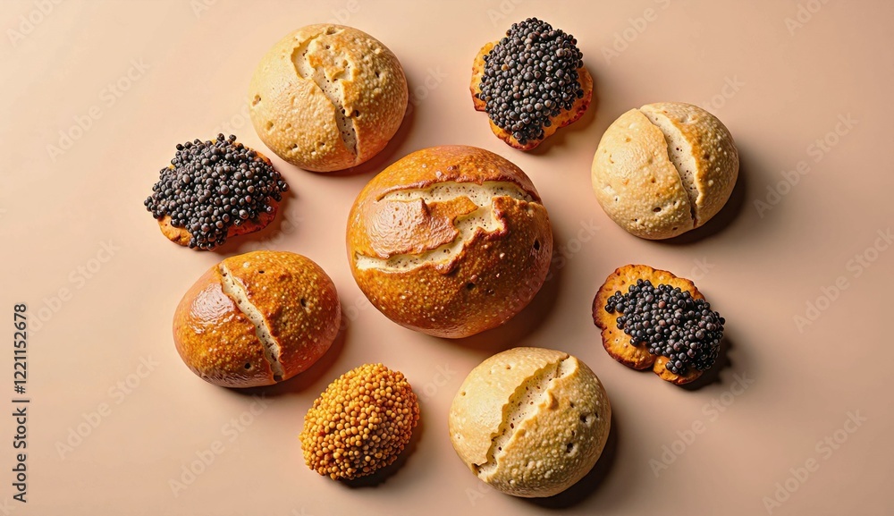 Poster a variety of breads and pastries are arranged in a circle on a table. the breads are different shape