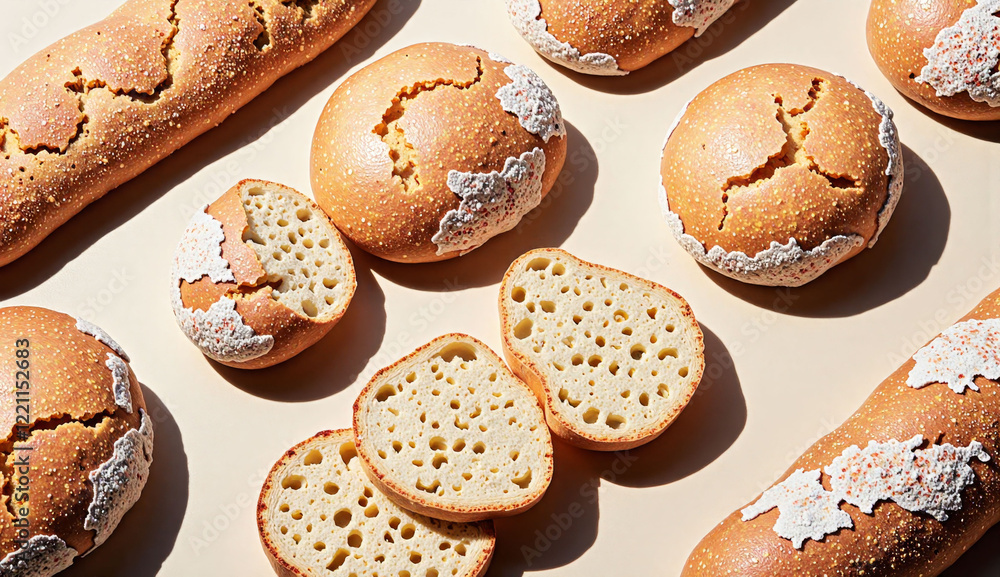 Poster a row of breads with holes in them. the breads are cut in half and have a hole in the middle
