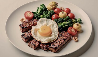 A plate of food with a fried egg on top of a piece of meat. The plate is full of vegetables, including broccoli and tomatoes. Scene is healthy and nutritious