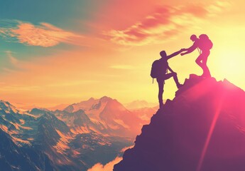 Two individuals are climbing a steep mountain during a sunset