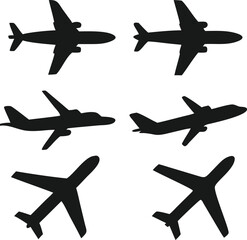 Simple black silhouettes of various airplanes.