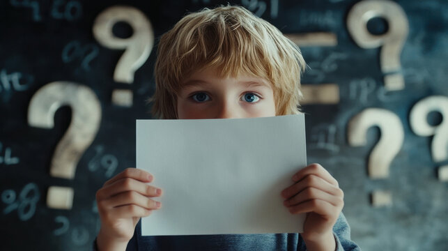 Young boy with blonde hair and blue eyes holding a blank sheet in front of a chalkboard with question marks in a classroom setting