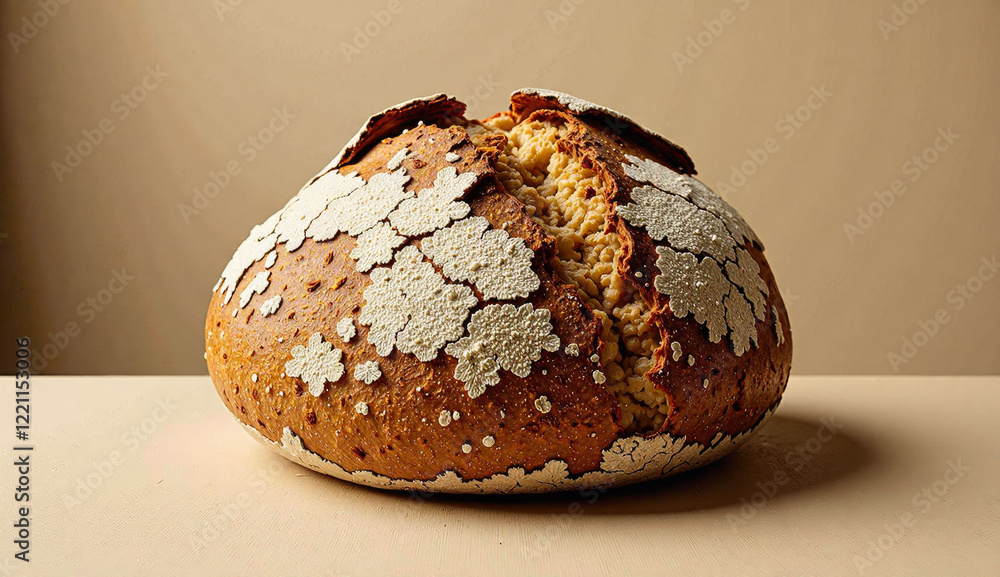 Poster a loaf of bread with a white frosting on it. the frosting is made of sugar and has a flowery design
