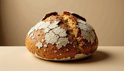 A loaf of bread with a white frosting on it. The frosting is made of sugar and has a flowery design