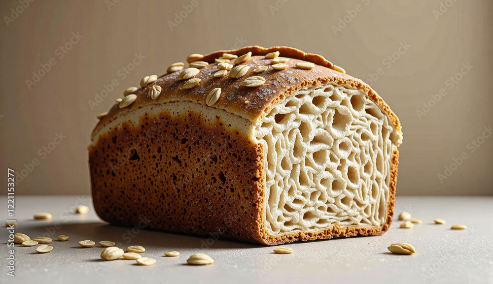 Poster a loaf of bread with seeds on top of it. the bread is sliced open and has a hole in the middle