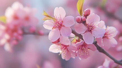 Obraz premium Blossoming pink cherry flowers in a serene garden setting