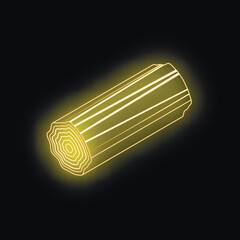 Neon yellow wooden log glowing on black background, representing lumber industry, carpentry, and natural resources