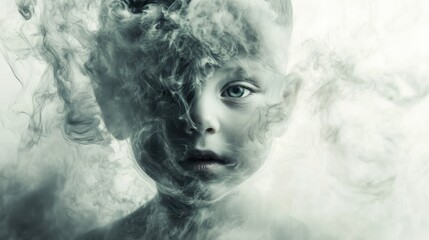 Swirling industrial smoke creating an ominous child's face, Abstract representation of pollution.