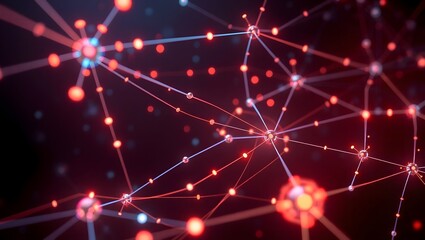 Obraz premium Glowing network nodes and connections form a dynamic, interconnected landscape on a dark background