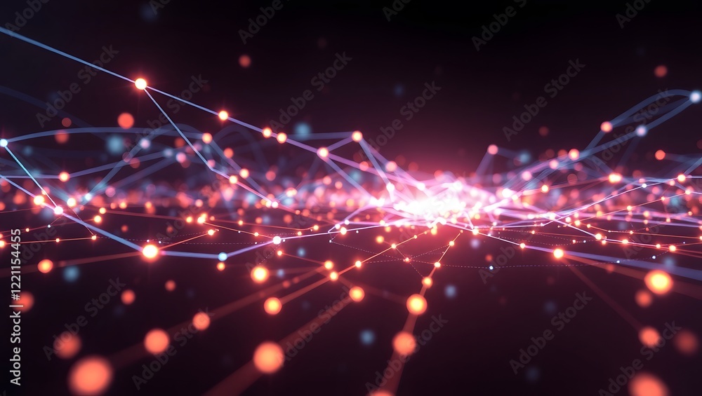 Poster glowing network nodes and connections form a dynamic, interconnected landscape on a dark background