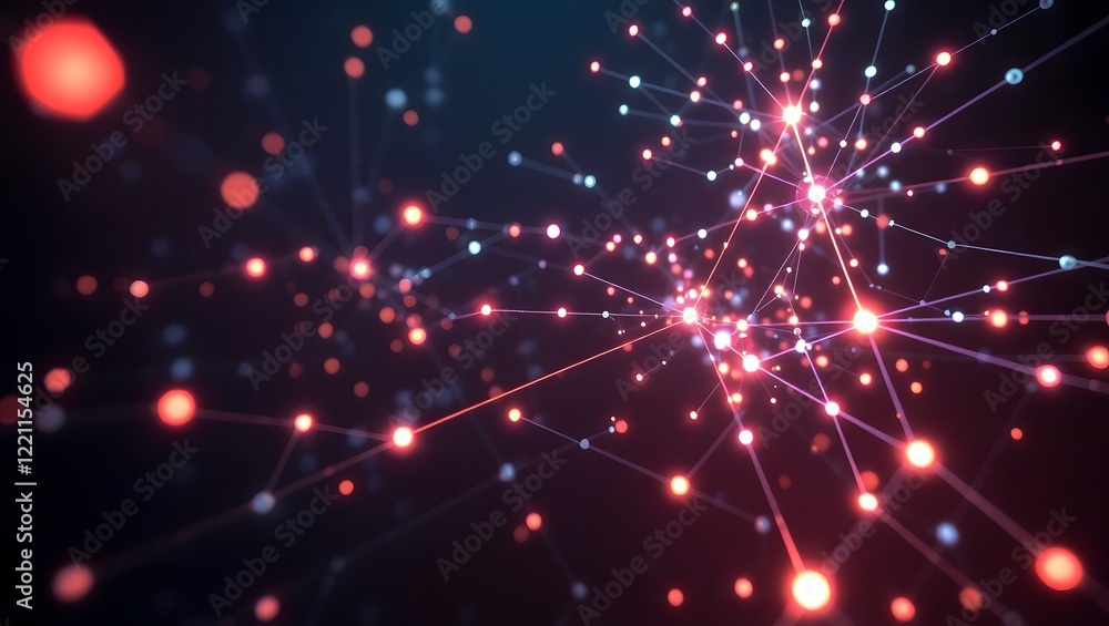 Poster glowing network nodes and connections form a dynamic, interconnected landscape on a dark background