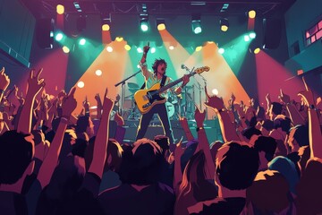 A crowd watches a band perform on stage at a concert