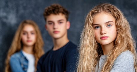 Fototapeta premium Three caucasian teenagers posing against dark background, serious expressions