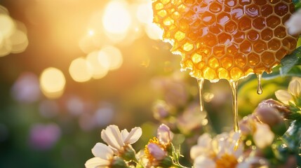 Golden Honeycomb with Dripping Honey in Sunlit Garden Setting